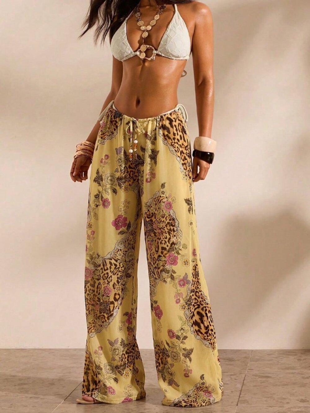 Multicolor Women's Floral Print Casual Vacation Cover-Up sheer Pants